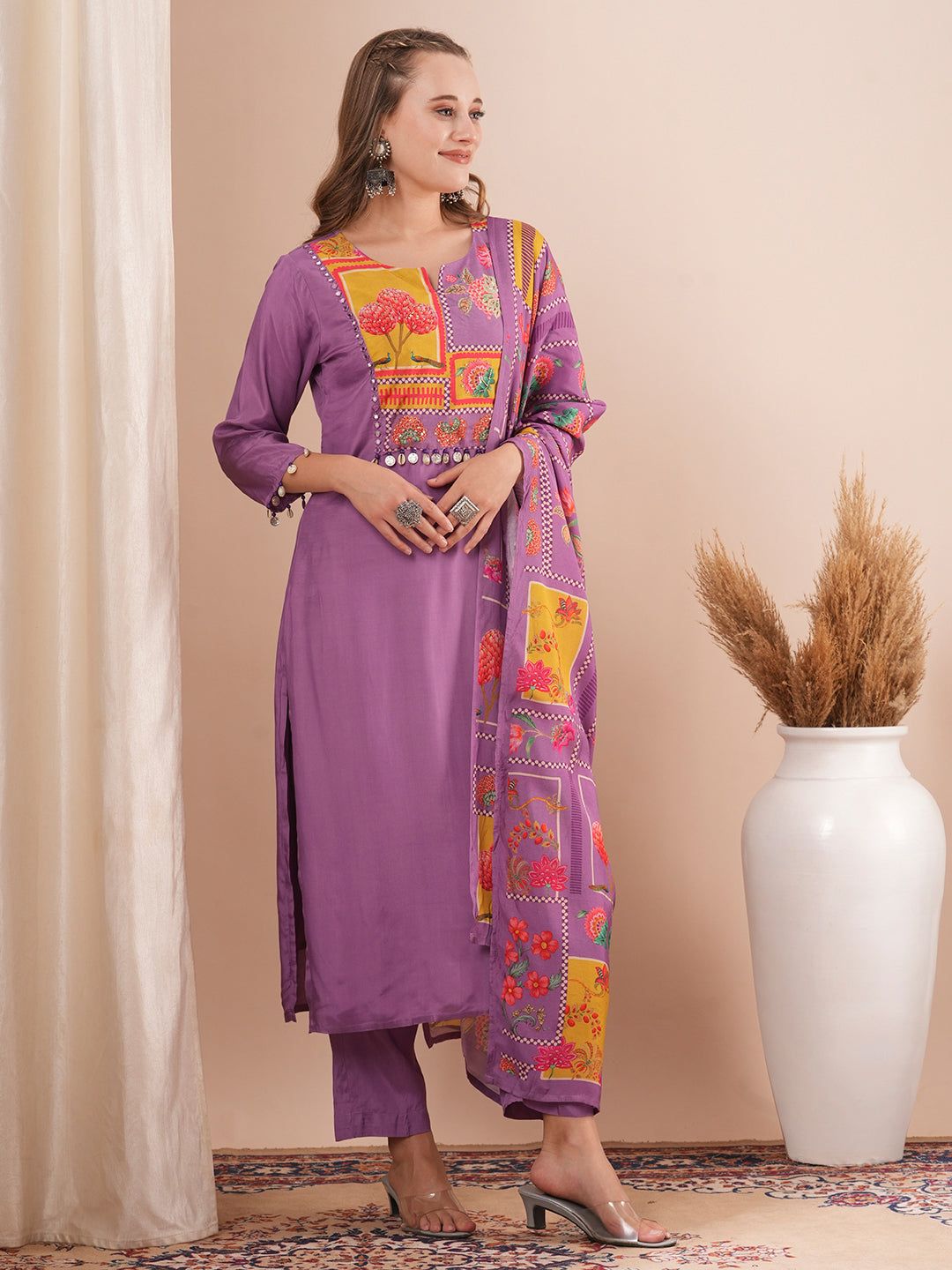 Ethnic Floral Printed & Hand Embroidered Straight Fit Kurta with Pant and Dupatta - Purple