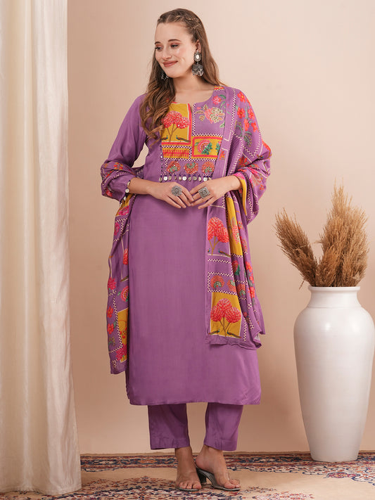 Ethnic Floral Printed & Hand Embroidered Straight Fit Kurta with Pant and Dupatta - Purple