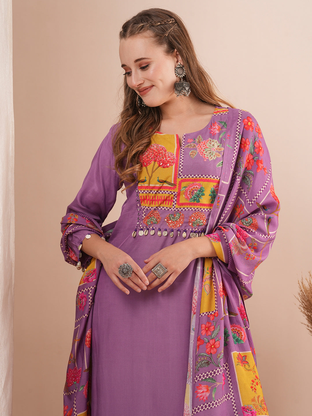 Ethnic Floral Printed & Hand Embroidered Straight Fit Kurta with Pant and Dupatta - Purple