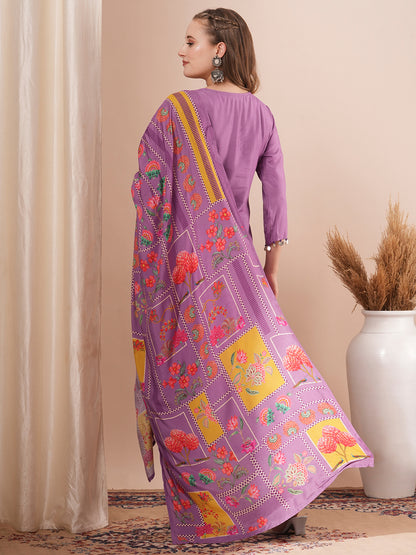 Ethnic Floral Printed & Hand Embroidered Straight Fit Kurta with Pant and Dupatta - Purple