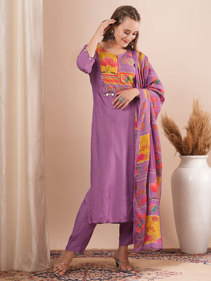 Ethnic Floral Printed & Hand Embroidered Straight Fit Kurta with Pant and Dupatta - Purple