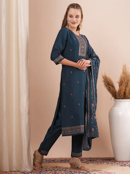 Solid Ethnic Embroidered Straight Fit Kurta with Pant and Dupatta - Navy Blue