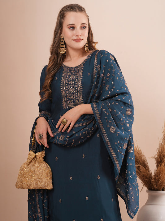 Solid Ethnic Embroidered Straight Fit Kurta with Pant and Dupatta - Navy Blue