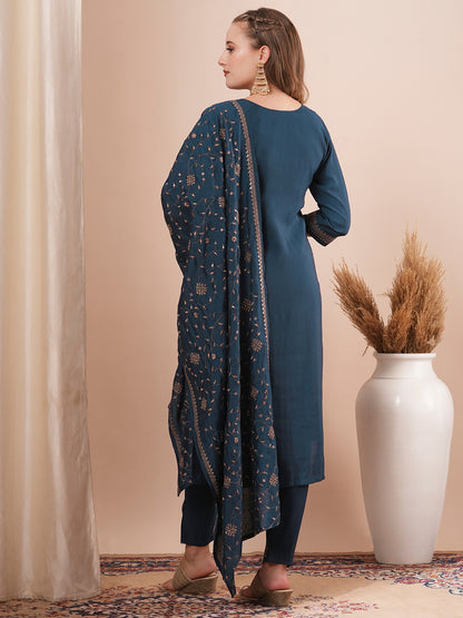 Solid Ethnic Embroidered Straight Fit Kurta with Pant and Dupatta - Navy Blue