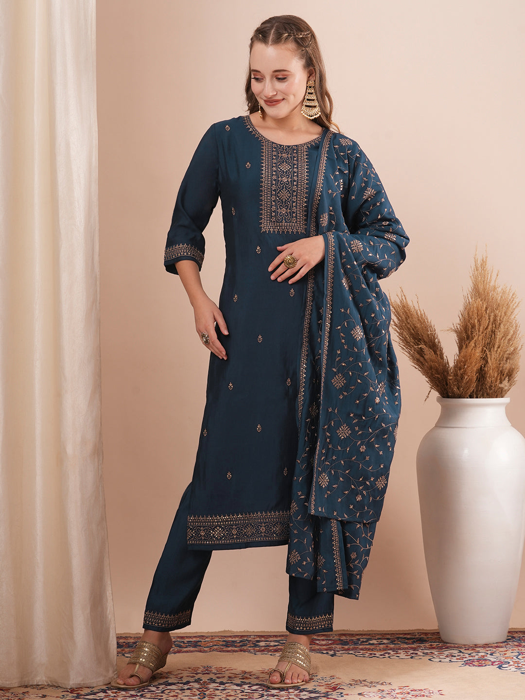 Solid Ethnic Embroidered Straight Fit Kurta with Pant and Dupatta - Navy Blue