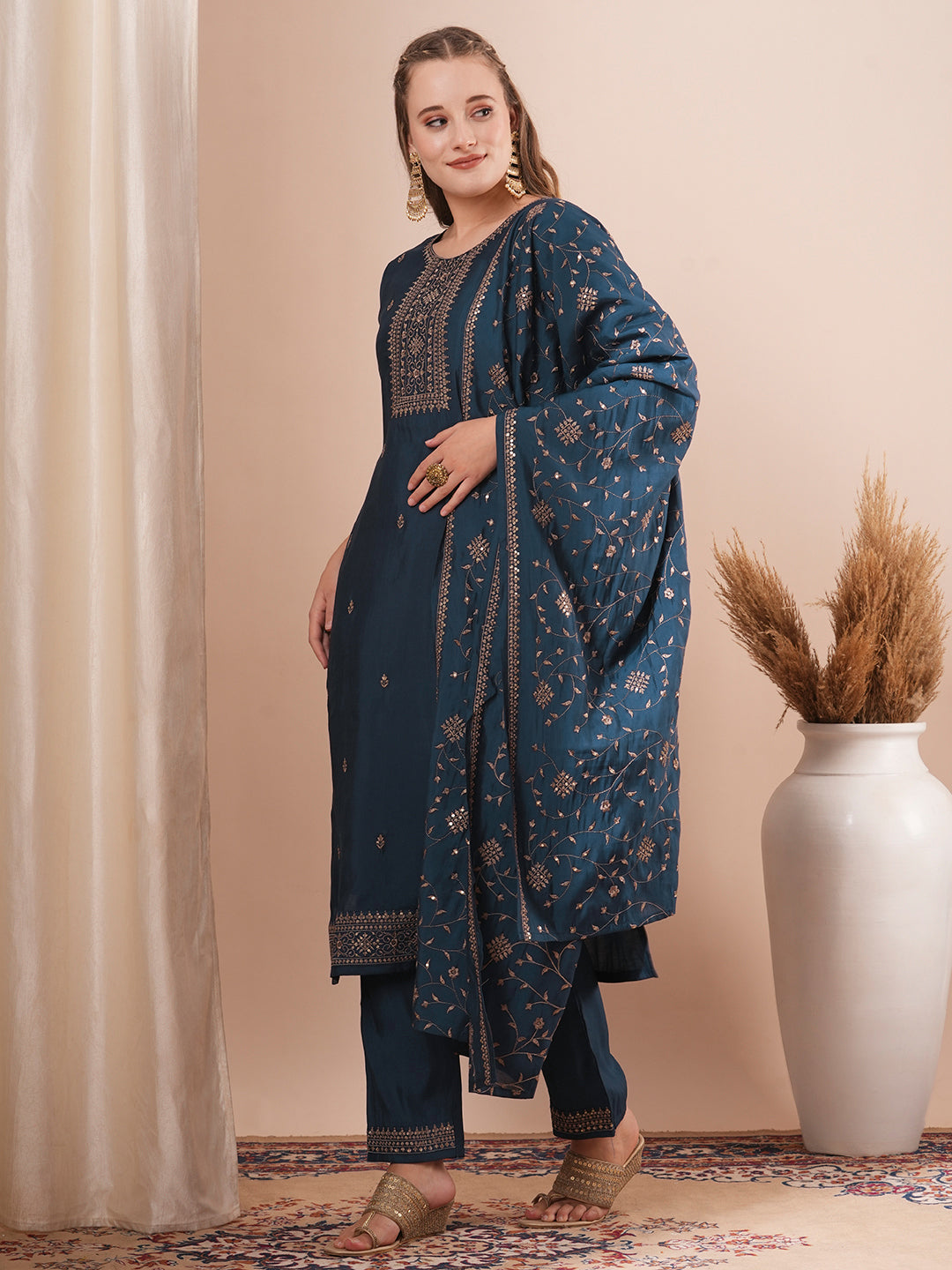 Solid Ethnic Embroidered Straight Fit Kurta with Pant and Dupatta - Navy Blue