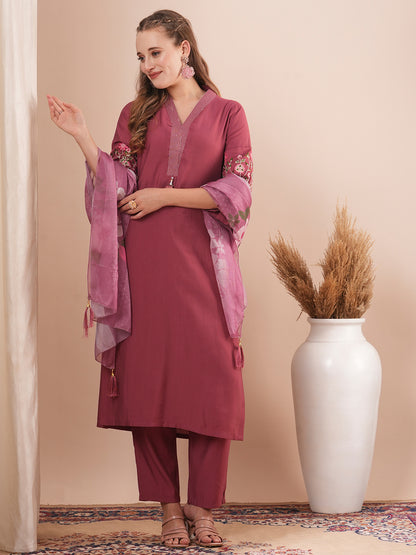 Solid Floral Embroidered Straight Fit Kurta with Pant and Printed Dupatta - Burgundy