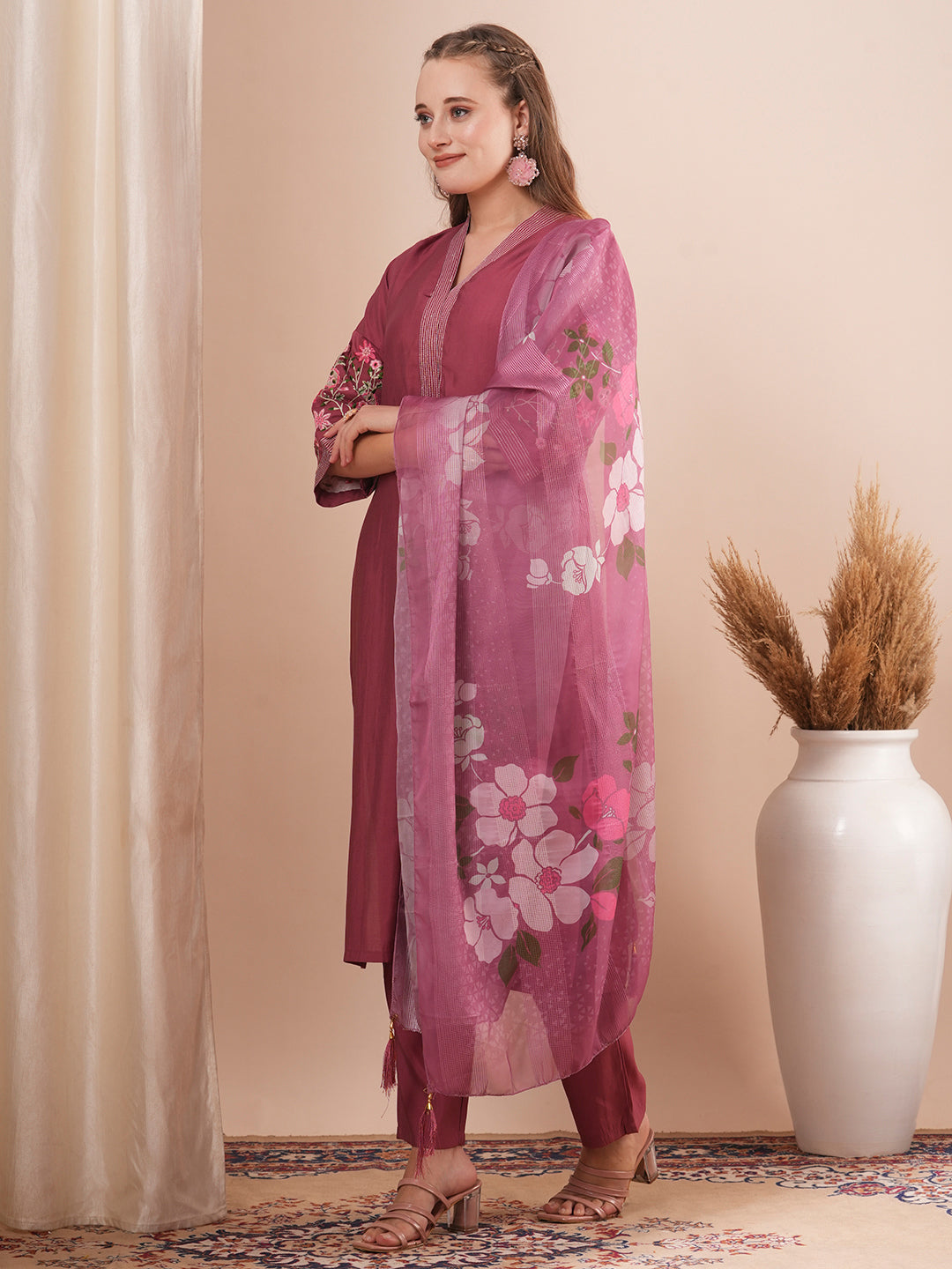 Solid Floral Embroidered Straight Fit Kurta with Pant and Printed Dupatta - Burgundy