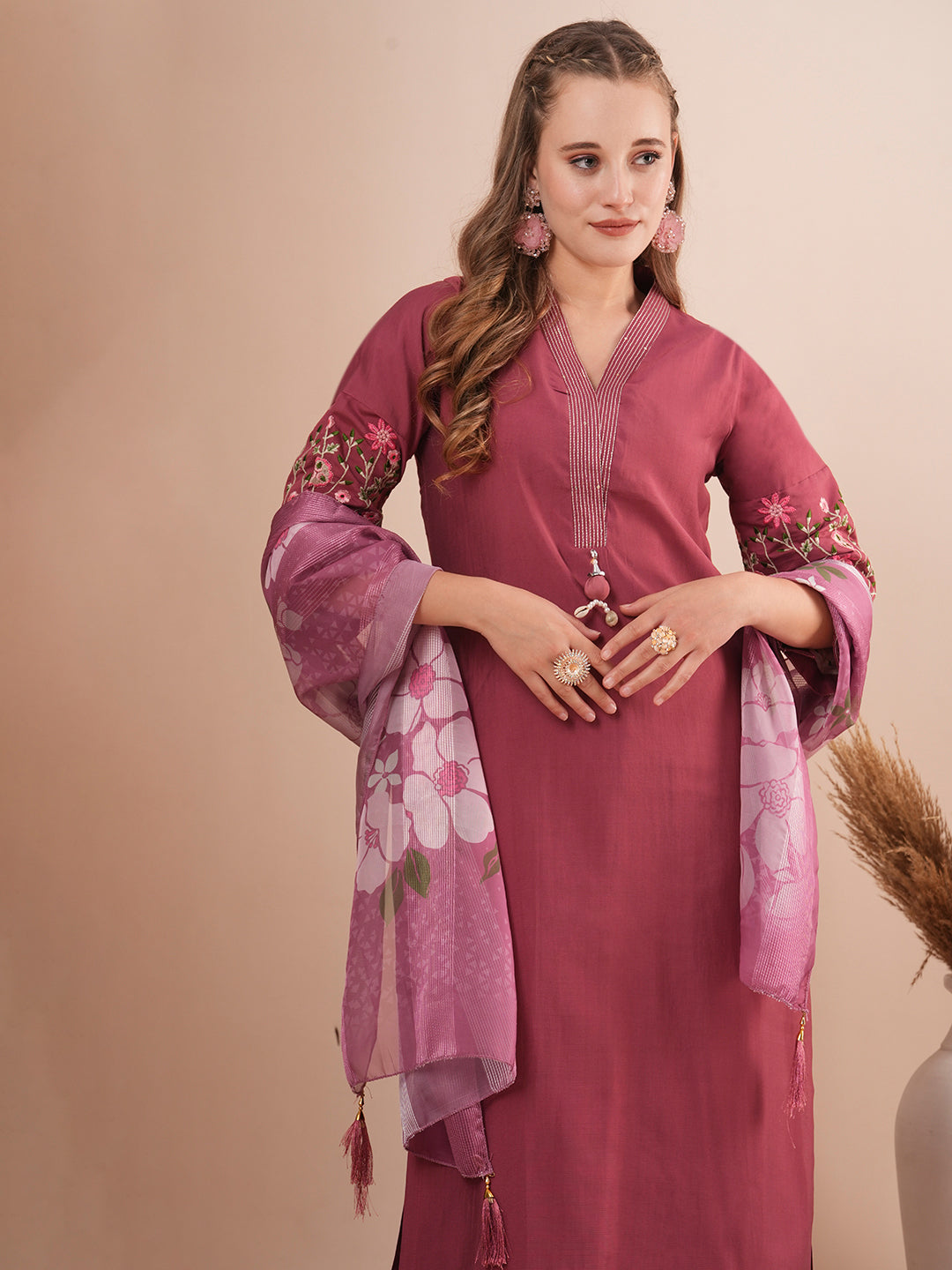 Solid Floral Embroidered Straight Fit Kurta with Pant and Printed Dupatta - Burgundy