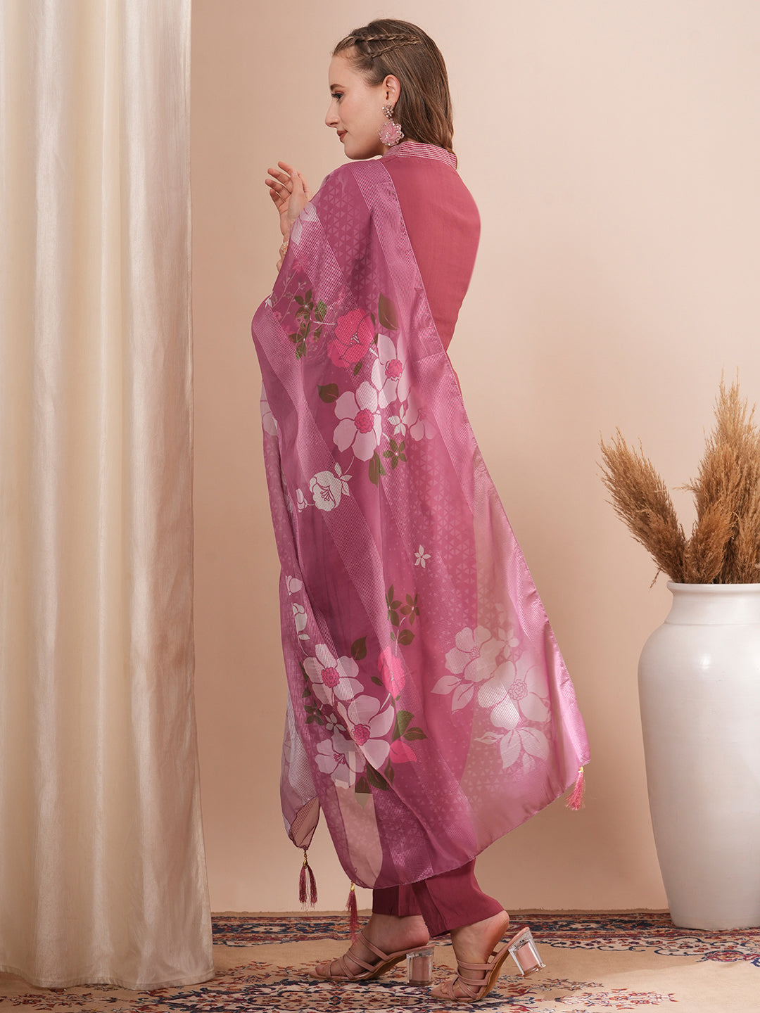 Solid Floral Embroidered Straight Fit Kurta with Pant and Printed Dupatta - Burgundy