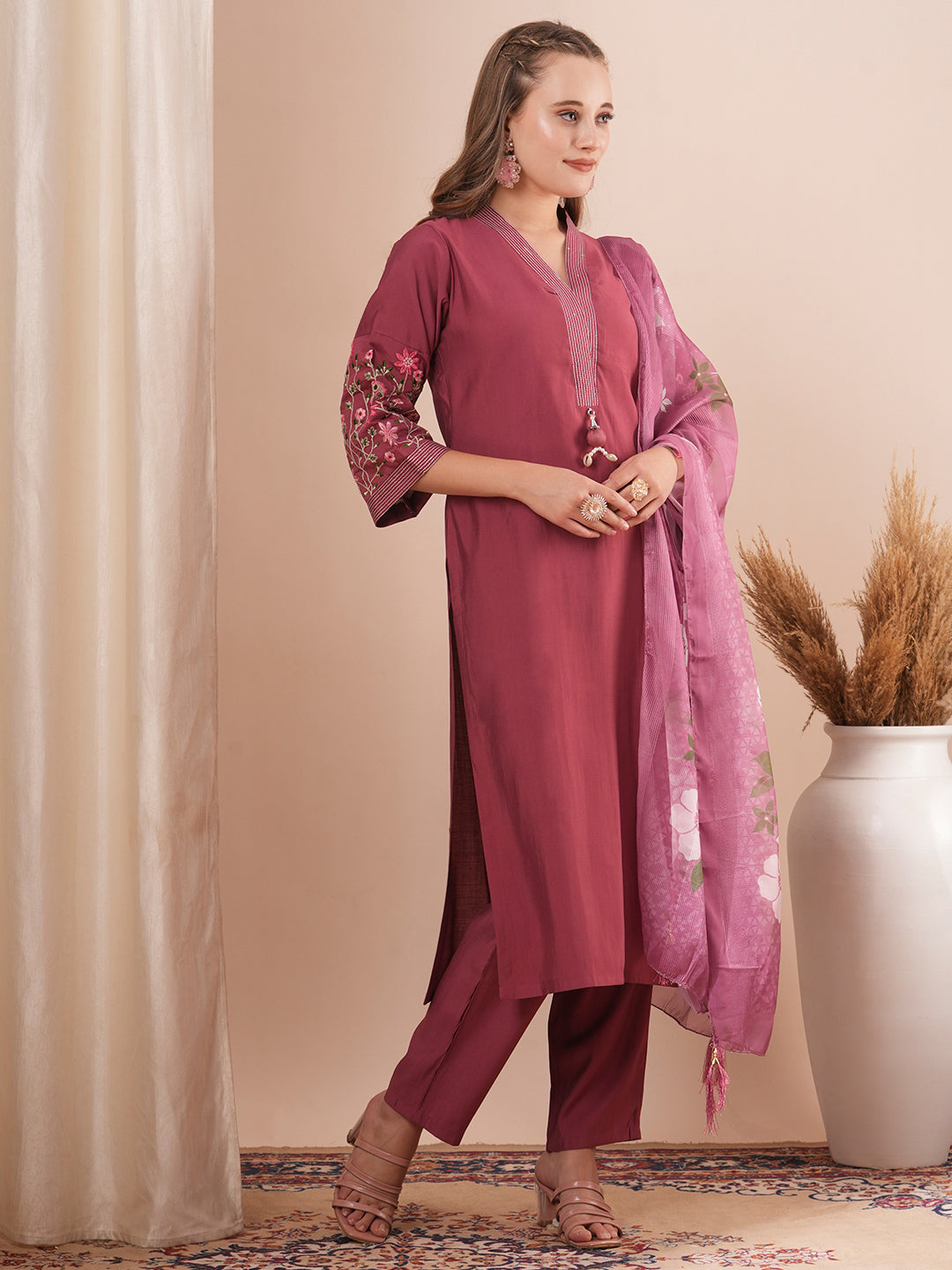 Solid Floral Embroidered Straight Fit Kurta with Pant and Printed Dupatta - Burgundy