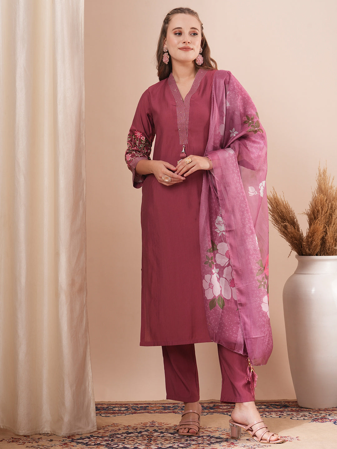 Solid Floral Embroidered Straight Fit Kurta with Pant and Printed Dupatta - Burgundy