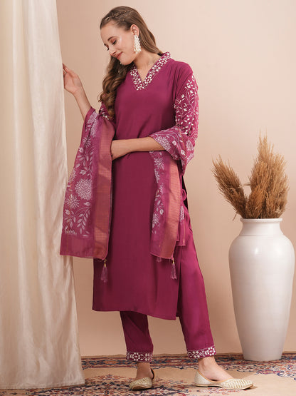 Solid Floral Embroidered Straight Fit Kurta with Pant and Printed Dupatta - Burgundy