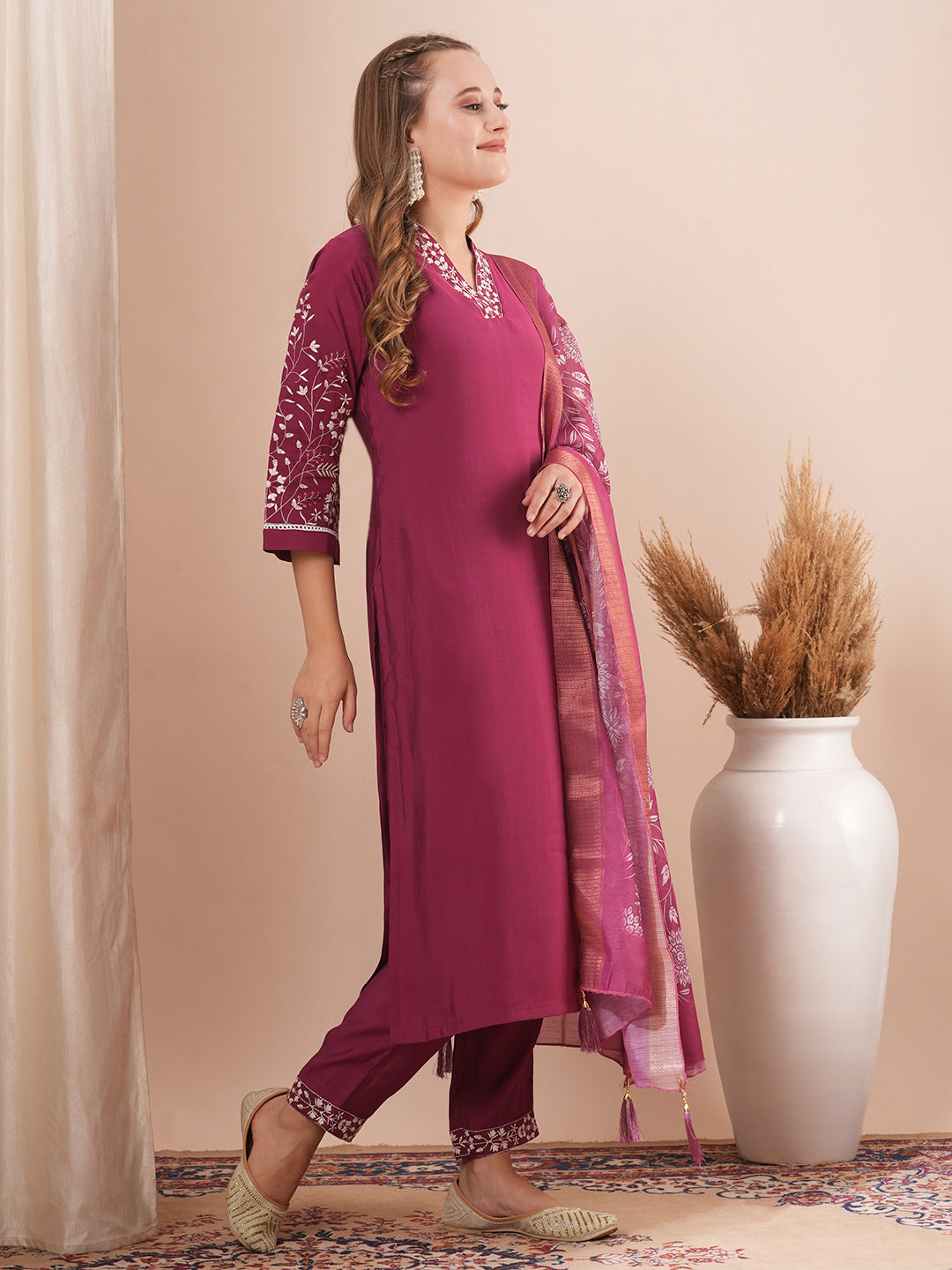 Solid Floral Embroidered Straight Fit Kurta with Pant and Printed Dupatta - Burgundy