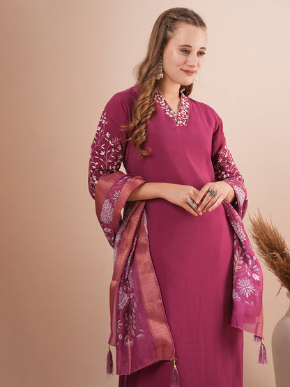 Solid Floral Embroidered Straight Fit Kurta with Pant and Printed Dupatta - Burgundy