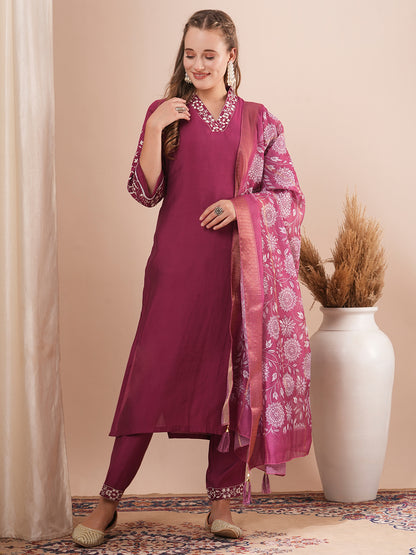 Solid Floral Embroidered Straight Fit Kurta with Pant and Printed Dupatta - Burgundy