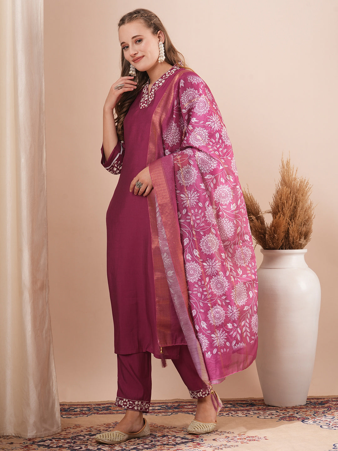 Solid Floral Embroidered Straight Fit Kurta with Pant and Printed Dupatta - Burgundy