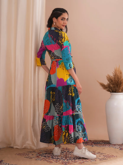 Abstract Floral Printed A-Line Pleated Tiered Maxi Dress - Multi