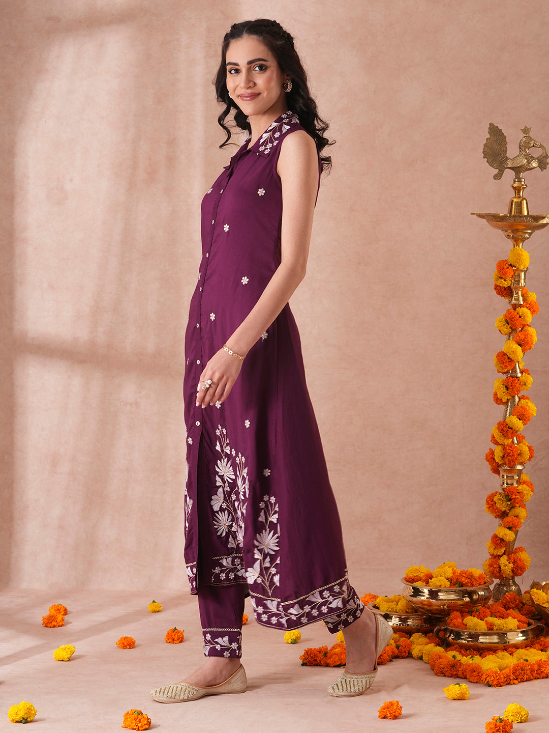 Solid Floral Resham & Zari Embroidered A-Line Co-ord Set - Burgundy