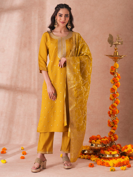 Solid Ethnic Embroidered Straight Fit Kurta with Pant & Jacquard Dupatta - Mustard