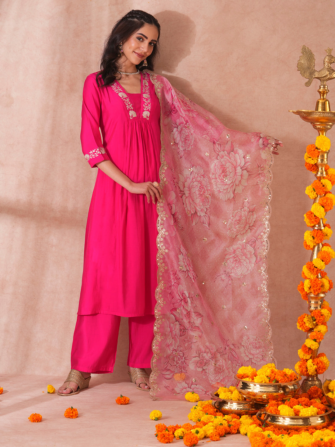 Solid Floral Embroidered A-Line Paneled Kurta with Pant and Printed Tissue Dupatta - Pink