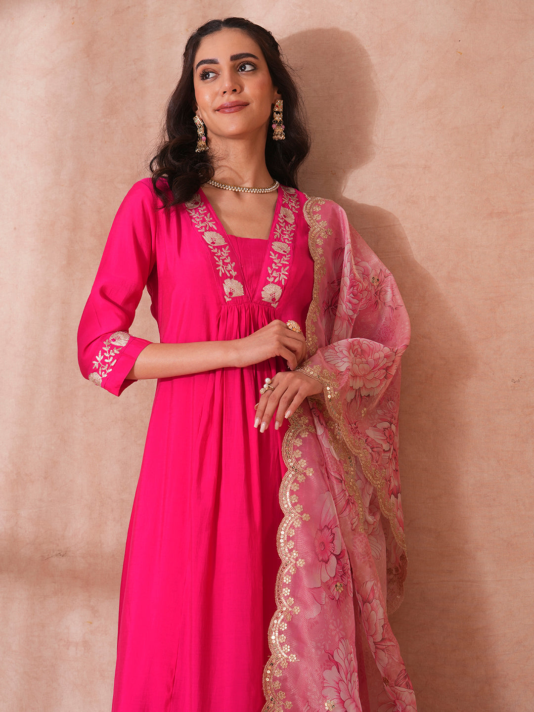 Solid Floral Embroidered A-Line Paneled Kurta with Pant and Printed Tissue Dupatta - Pink