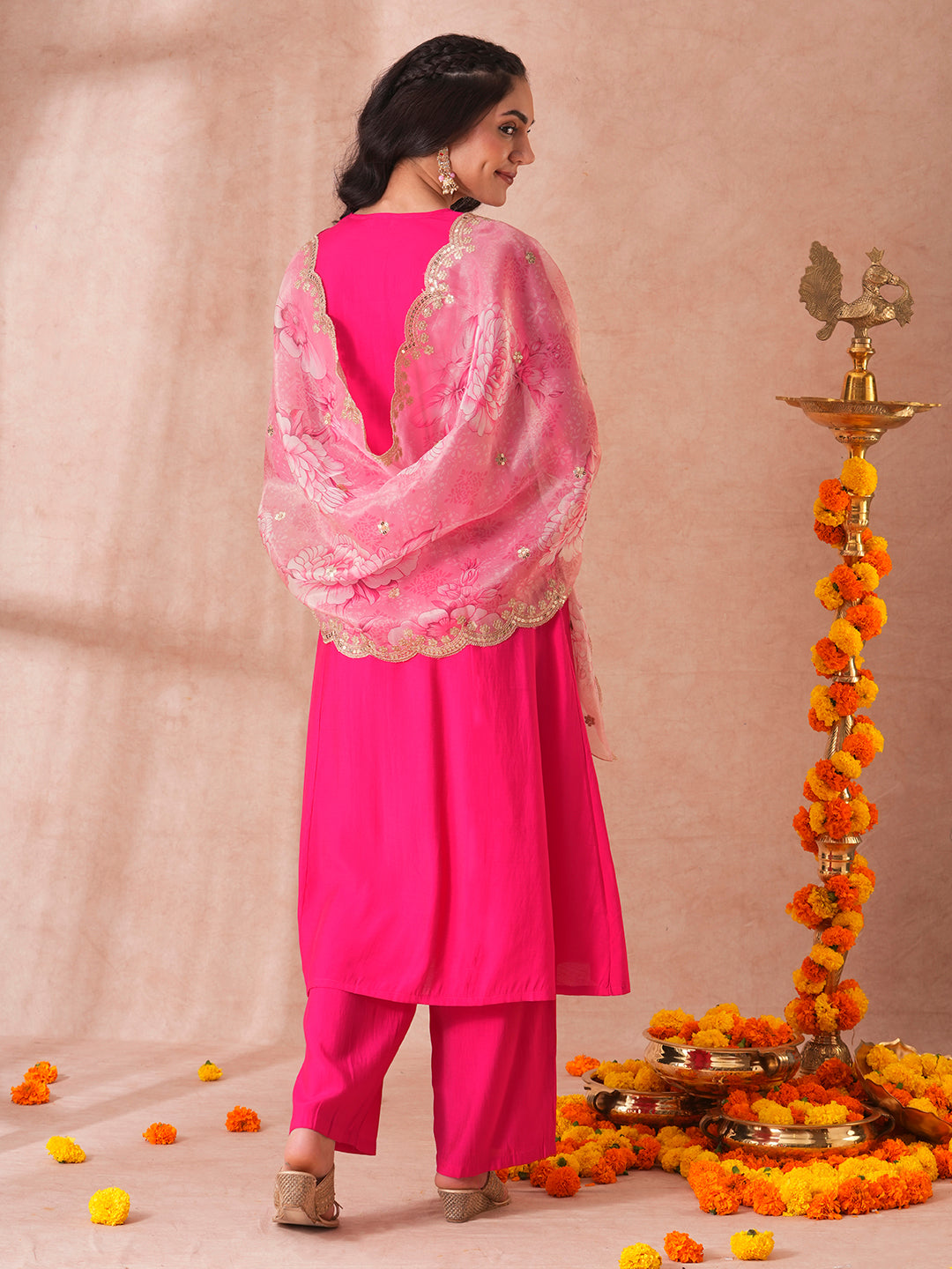 Solid Floral Embroidered A-Line Paneled Kurta with Pant and Printed Tissue Dupatta - Pink