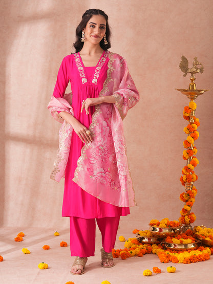 Solid Floral Embroidered A-Line Paneled Kurta with Pant and Printed Tissue Dupatta - Pink