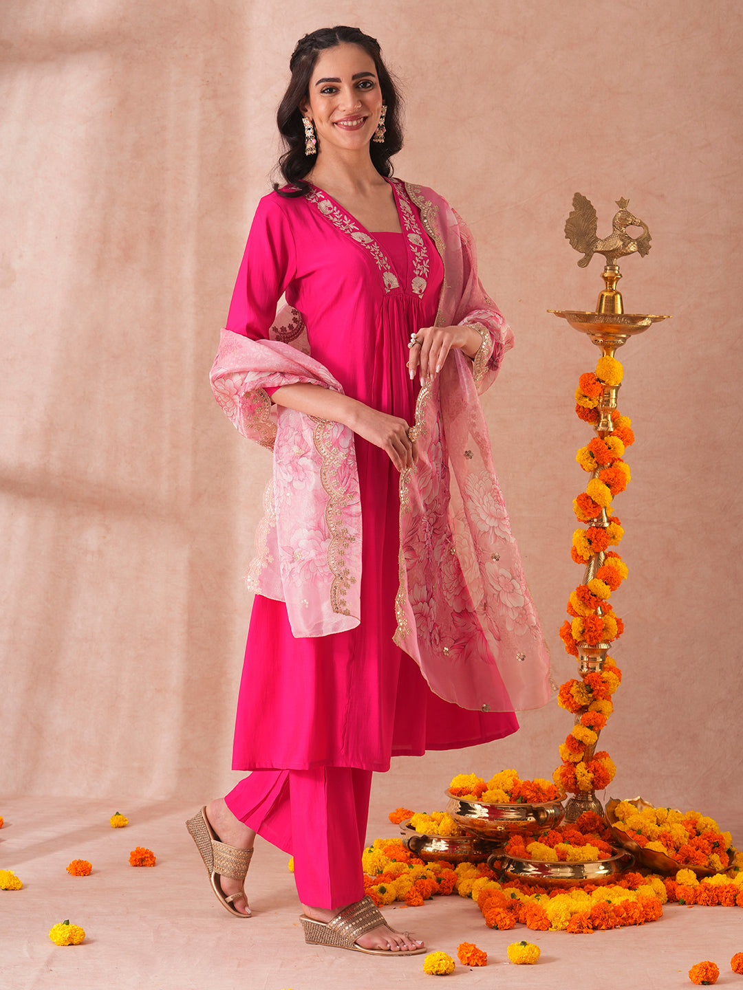 Solid Floral Embroidered A-Line Paneled Kurta with Pant and Printed Tissue Dupatta - Pink