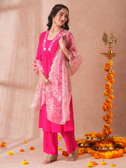 Solid Floral Embroidered A-Line Paneled Kurta with Pant and Printed Tissue Dupatta - Pink