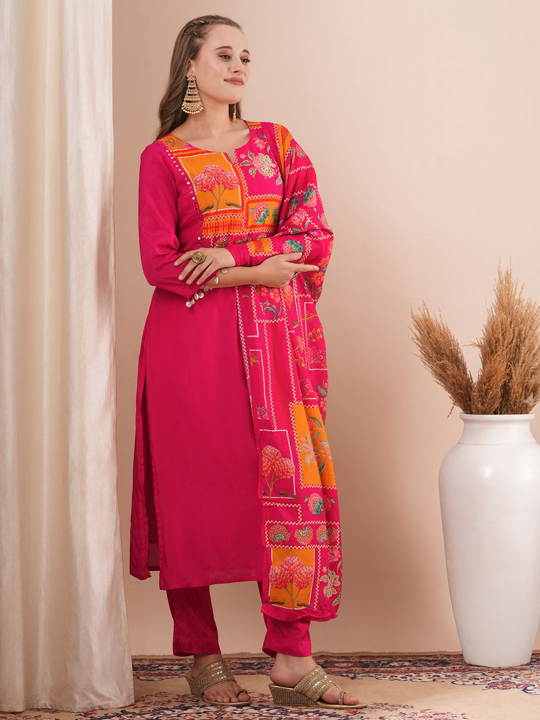 Ethnic Floral Printed & Hand Embroidered Straight Fit Kurta with Pant and Dupatta - Pink