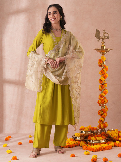 Solid Floral Embroidered A-Line Paneled Kurta with Pant and Printed Tissue Dupatta - Green