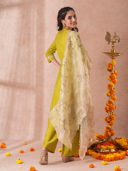 Solid Floral Embroidered A-Line Paneled Kurta with Pant and Printed Tissue Dupatta - Green