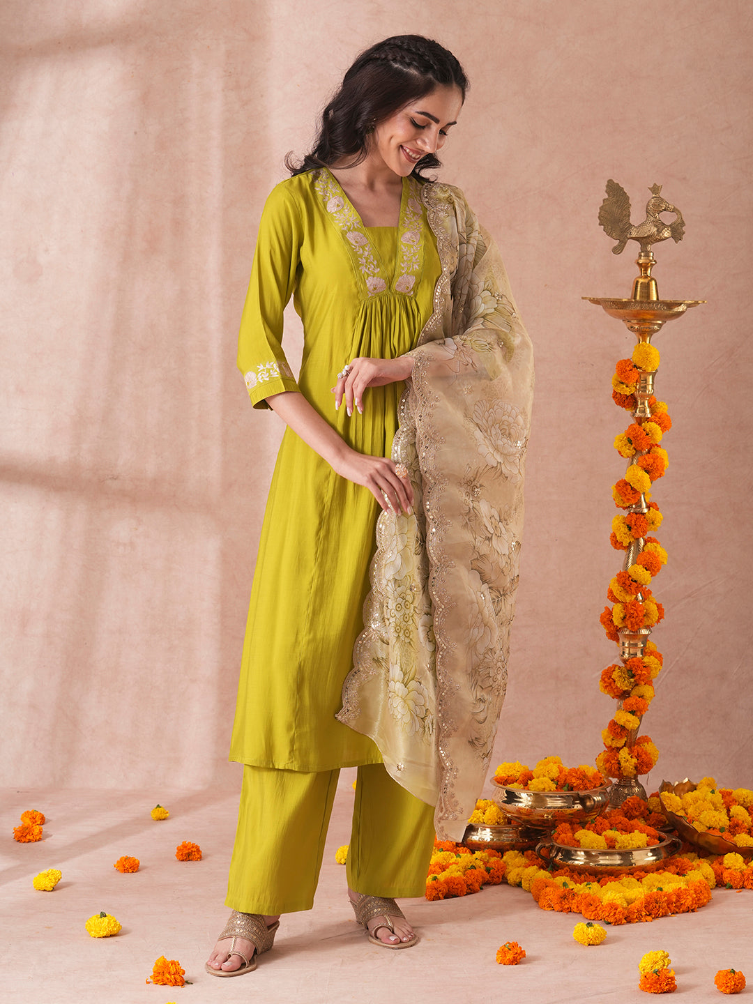 Solid Floral Embroidered A-Line Paneled Kurta with Pant and Printed Tissue Dupatta - Green