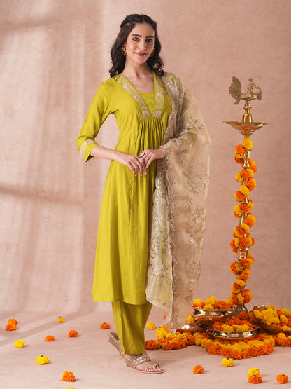 Solid Floral Embroidered A-Line Paneled Kurta with Pant and Printed Tissue Dupatta - Green