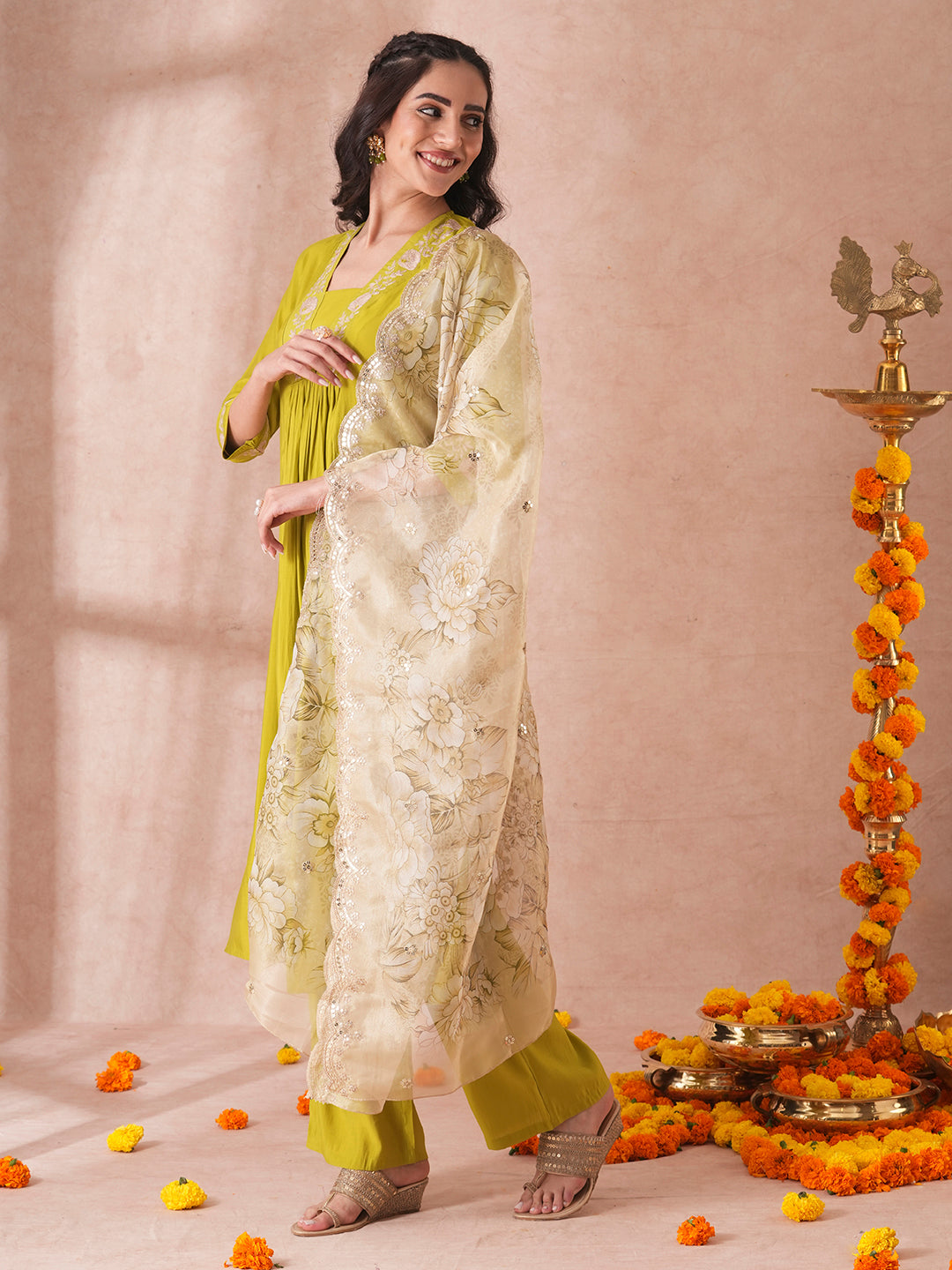 Solid Floral Embroidered A-Line Paneled Kurta with Pant and Printed Tissue Dupatta - Green