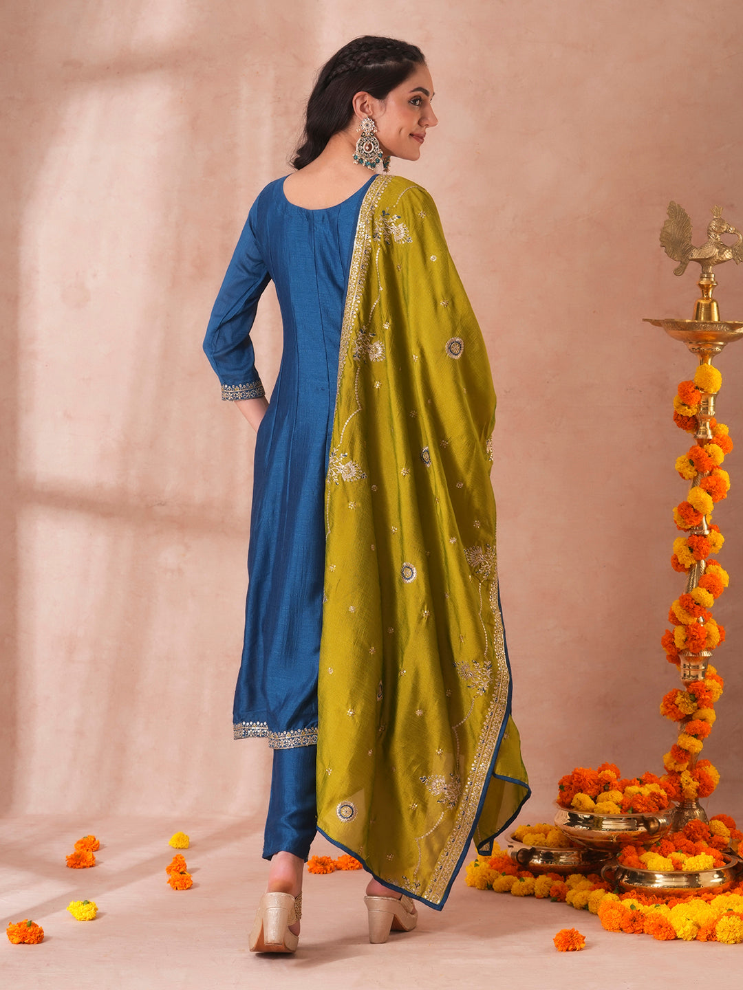 Solid Ethnic Sequin Embroidered Anarkali Kurta with Pant and Dupatta - Teal Blue