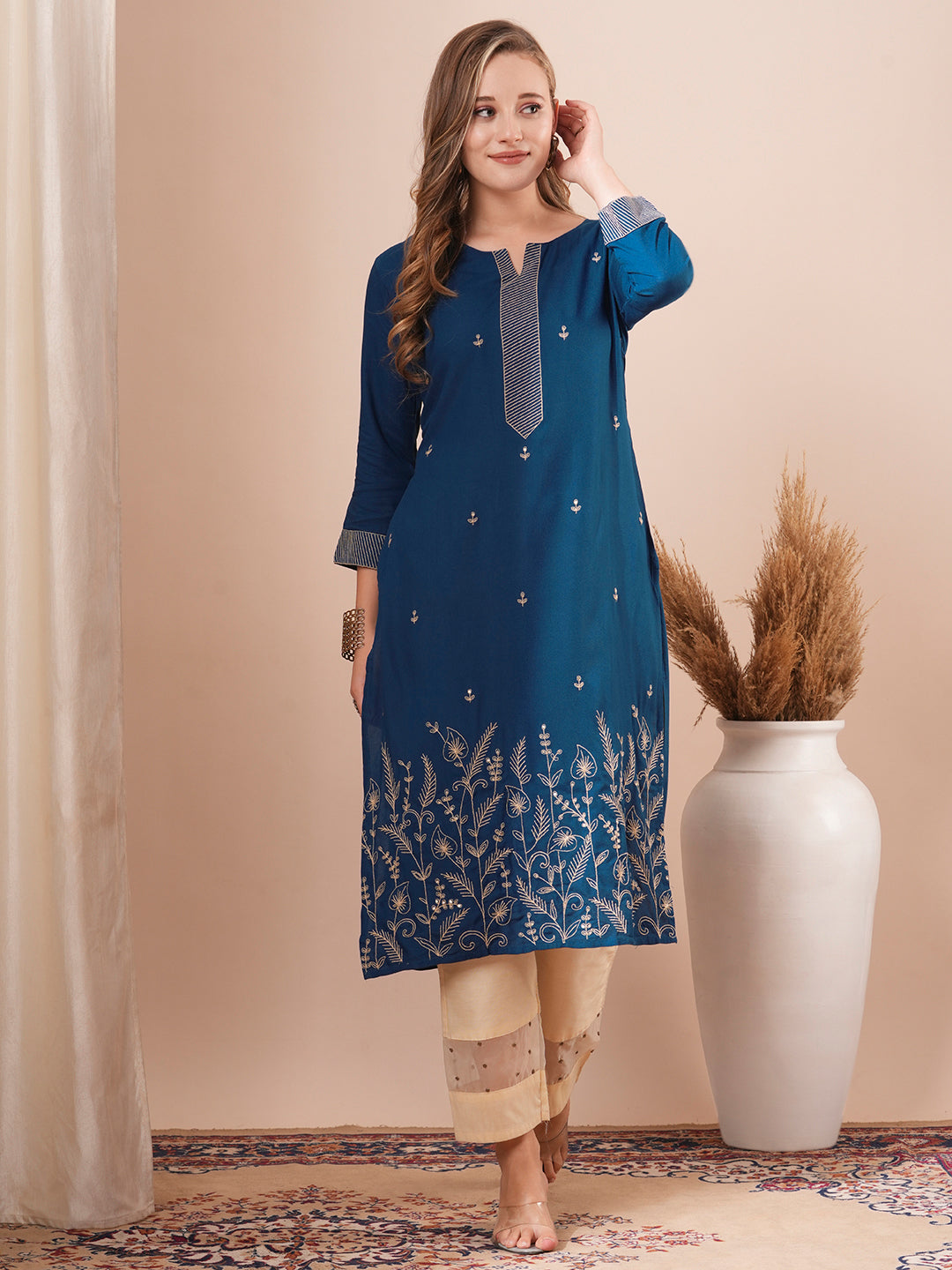 Solid Ethnic Zari Embroidered Straight Fit Kurta - Blue