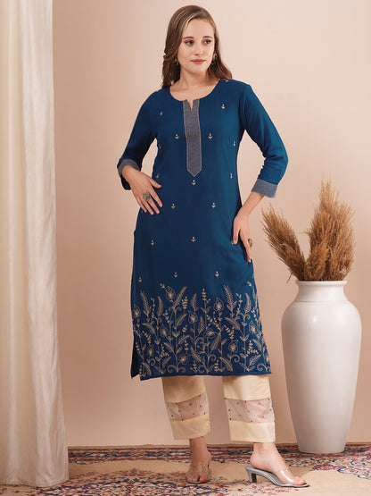 Solid Ethnic Zari Embroidered Straight Fit Kurta - Blue