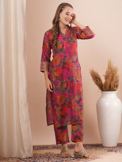 Floral Foil Printed Embroidered Straight Fit Kurta with Pant - Multi