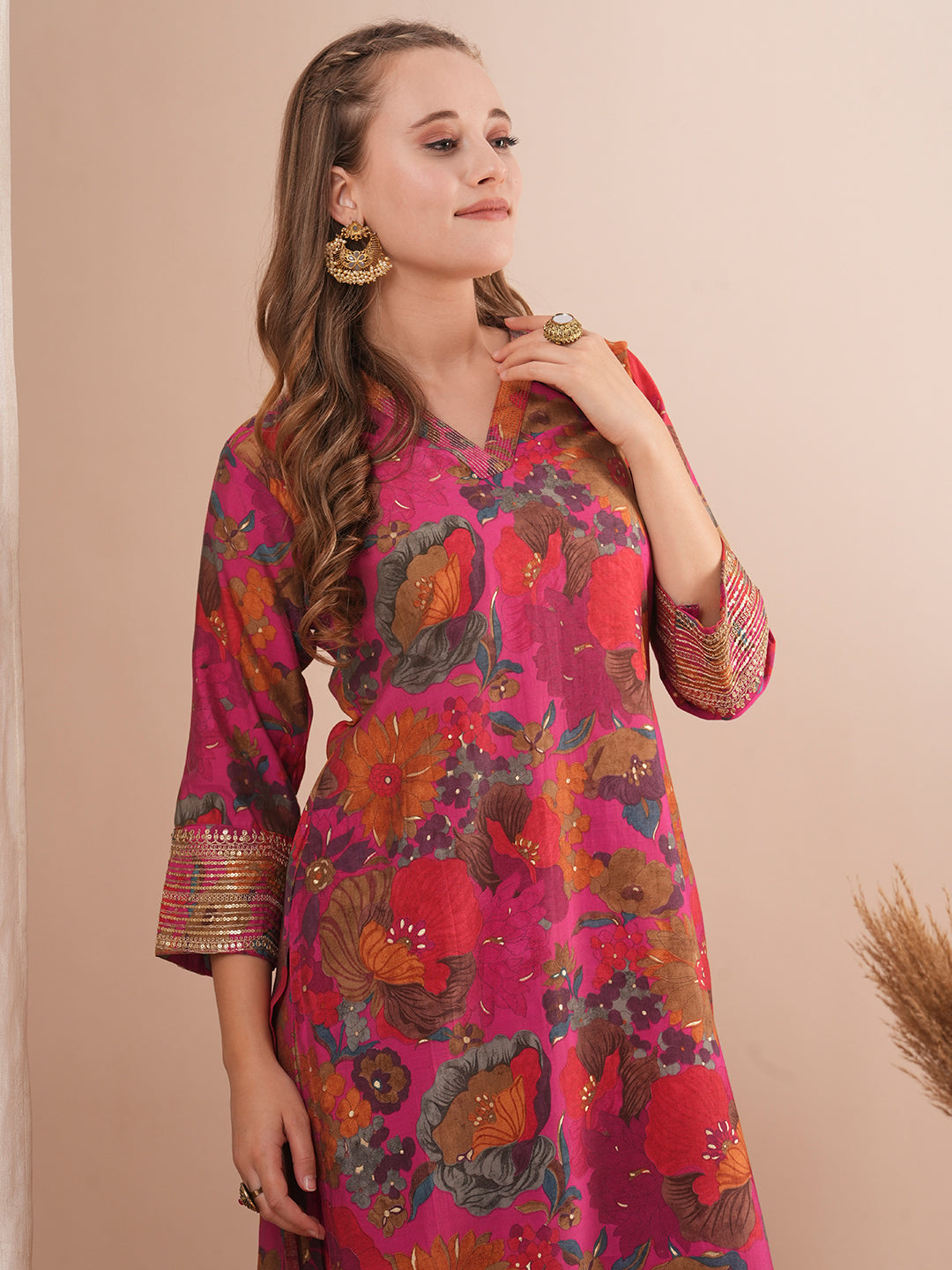 Floral Foil Printed Embroidered Straight Fit Kurta with Pant - Multi
