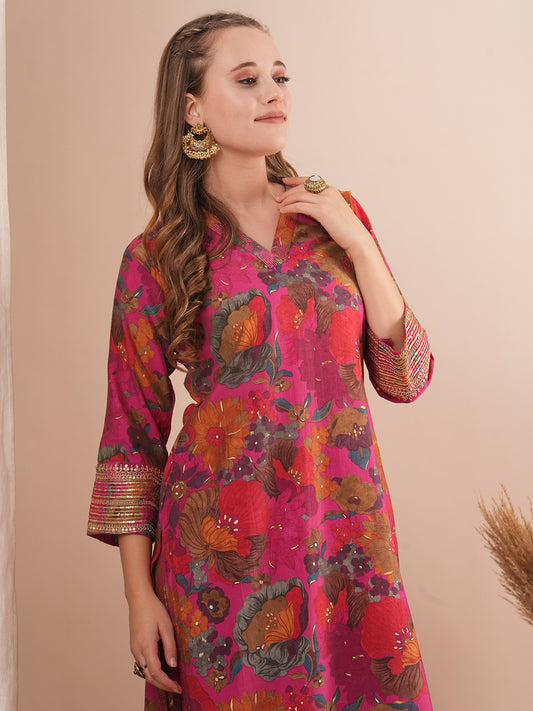 Floral Foil Printed Embroidered Straight Fit Kurta with Pant - Multi
