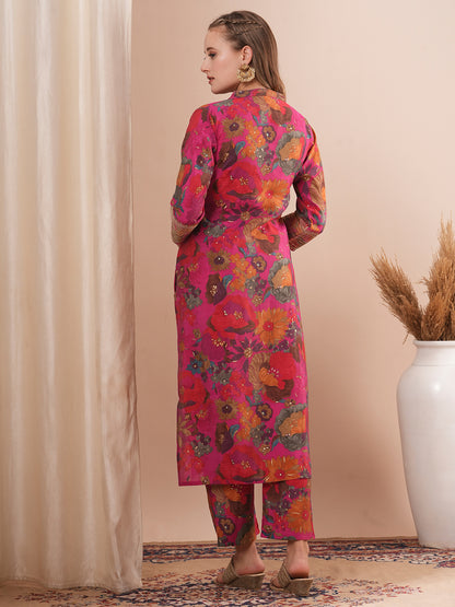 Floral Foil Printed Embroidered Straight Fit Kurta with Pant - Multi