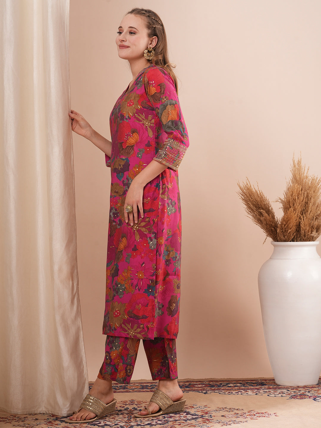 Floral Foil Printed Embroidered Straight Fit Kurta with Pant - Multi