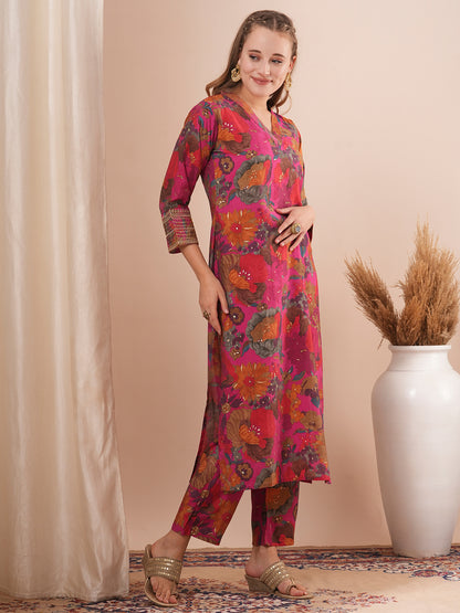Floral Foil Printed Embroidered Straight Fit Kurta with Pant - Multi
