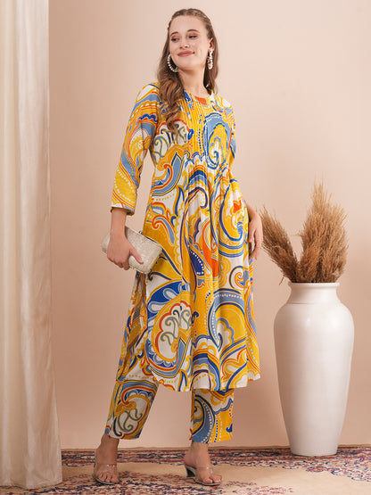 Abstract Printed A-Line Pin Tucked Co-ord Set - Yellow