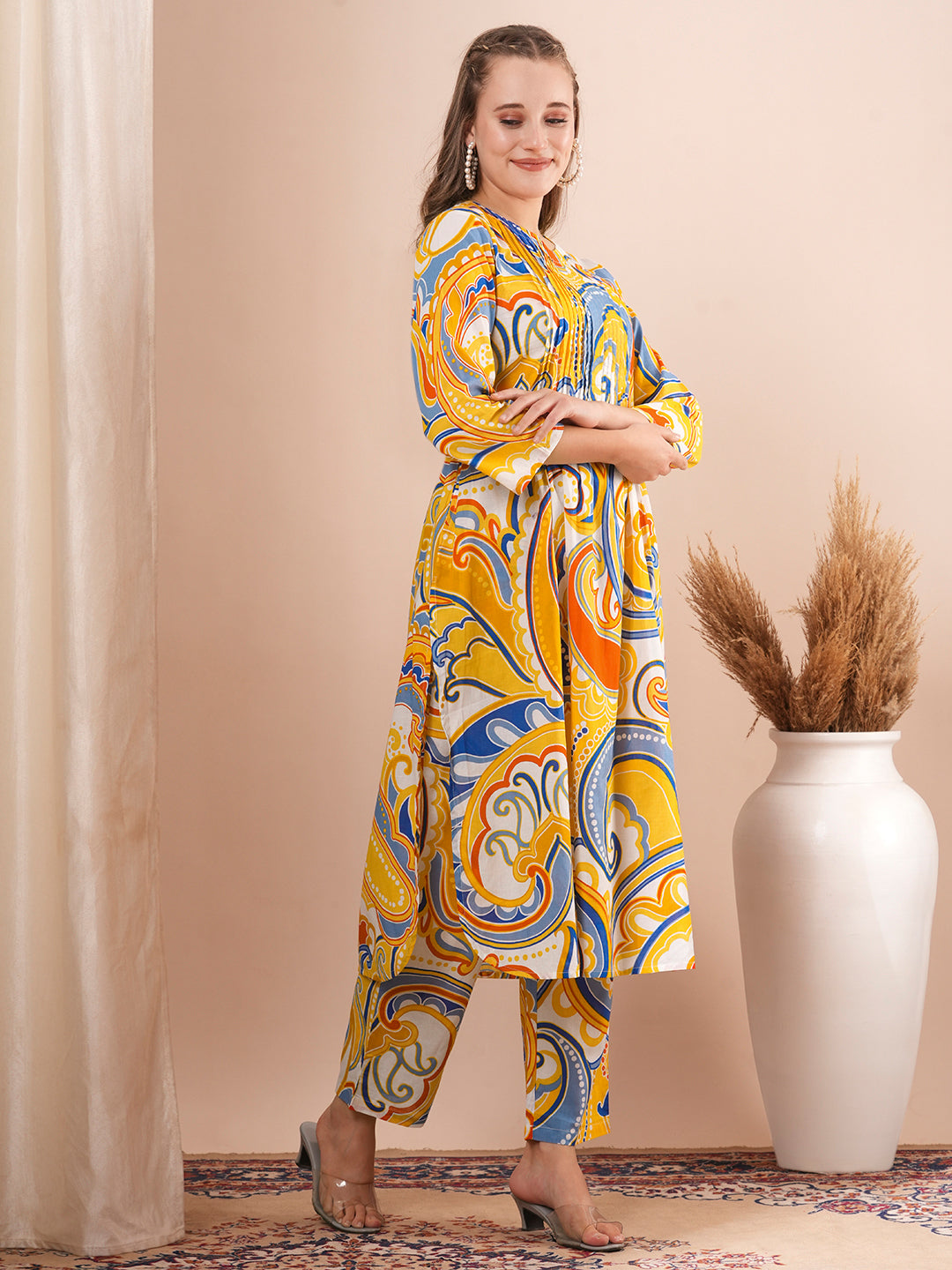 Abstract Printed A-Line Pin Tucked Co-ord Set - Yellow