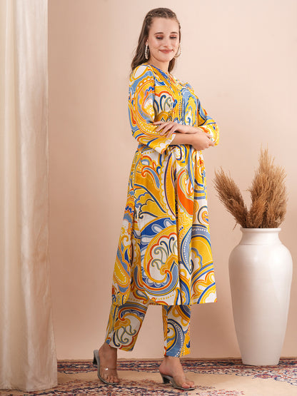 Abstract Printed A-Line Pin Tucked Co-ord Set - Yellow