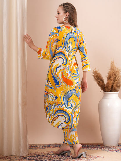 Abstract Printed A-Line Pin Tucked Co-ord Set - Yellow