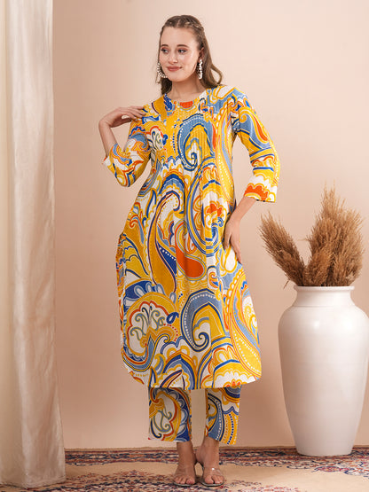 Abstract Printed A-Line Pin Tucked Co-ord Set - Yellow